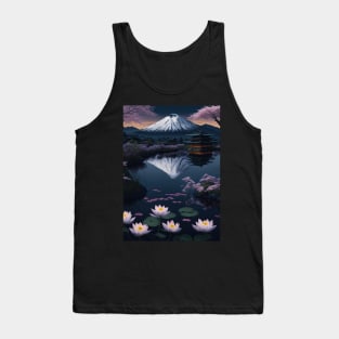 Serene Mount Fuji Sunset - Peaceful River Scenery - Lotus Flowers Tank Top